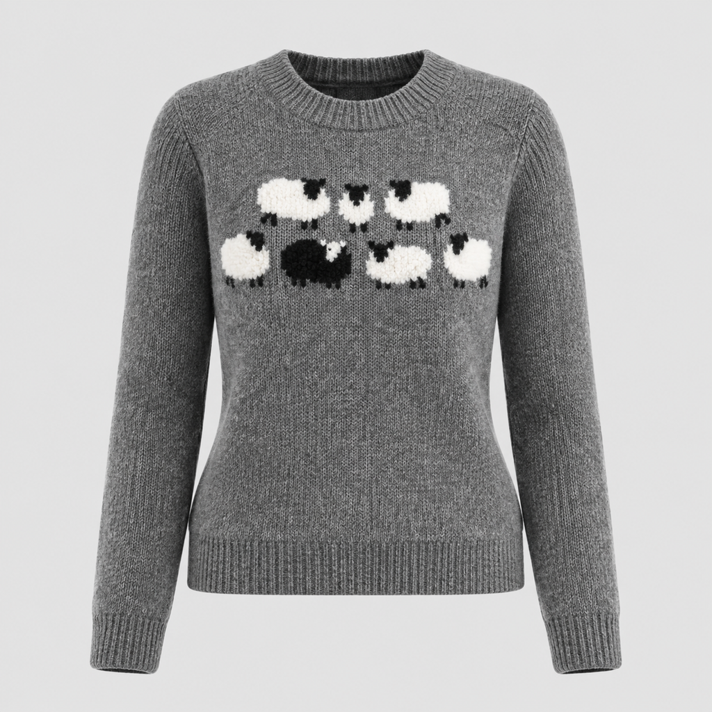 Fårmotiv-Sweater til Damer - Intarsiastrik, Rund Hals