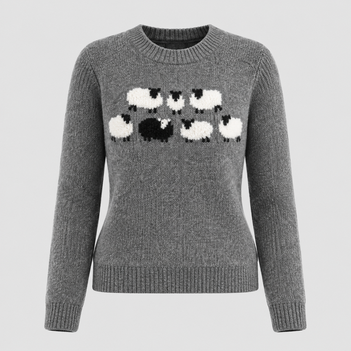 Fårmotiv-Sweater til Damer - Intarsiastrik, Rund Hals