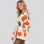 Blomstret Cardigan til Damer - Oversized Strik, Knaplukning Foran
