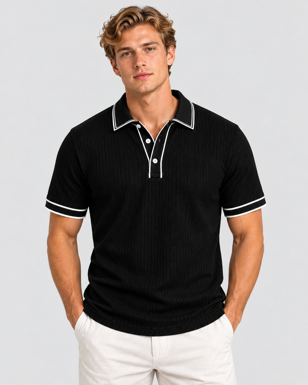 Strikket Poloshirt til Herrer - Kontrastkant, Kort Knaplukning