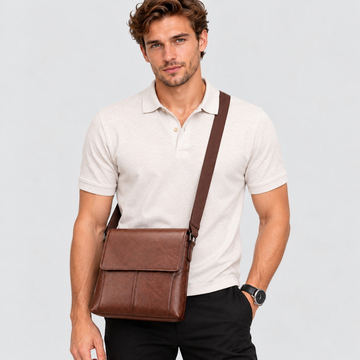 Messenger Bag i PU til Herrer - Crossbody med Spids Klapdetalje
