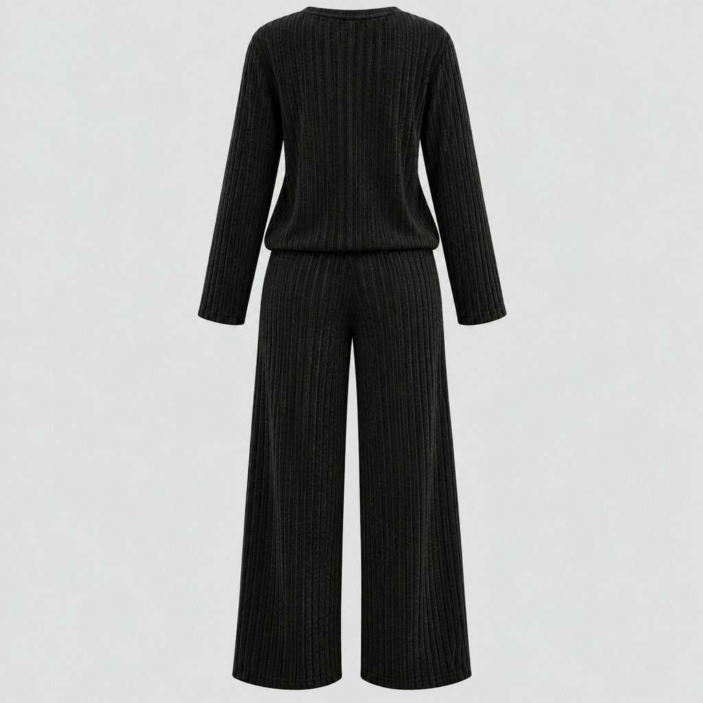 Dame Ribbet Loungesæt – Langærmet Vide Bukser Loungewear