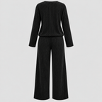 Dame Ribbet Loungesæt – Langærmet Vide Bukser Loungewear