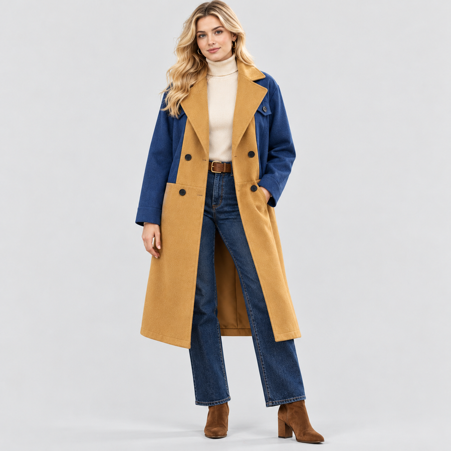 Lang Colorblock Frakke til Damer - Dobbeltradet, Denimlook Paneler