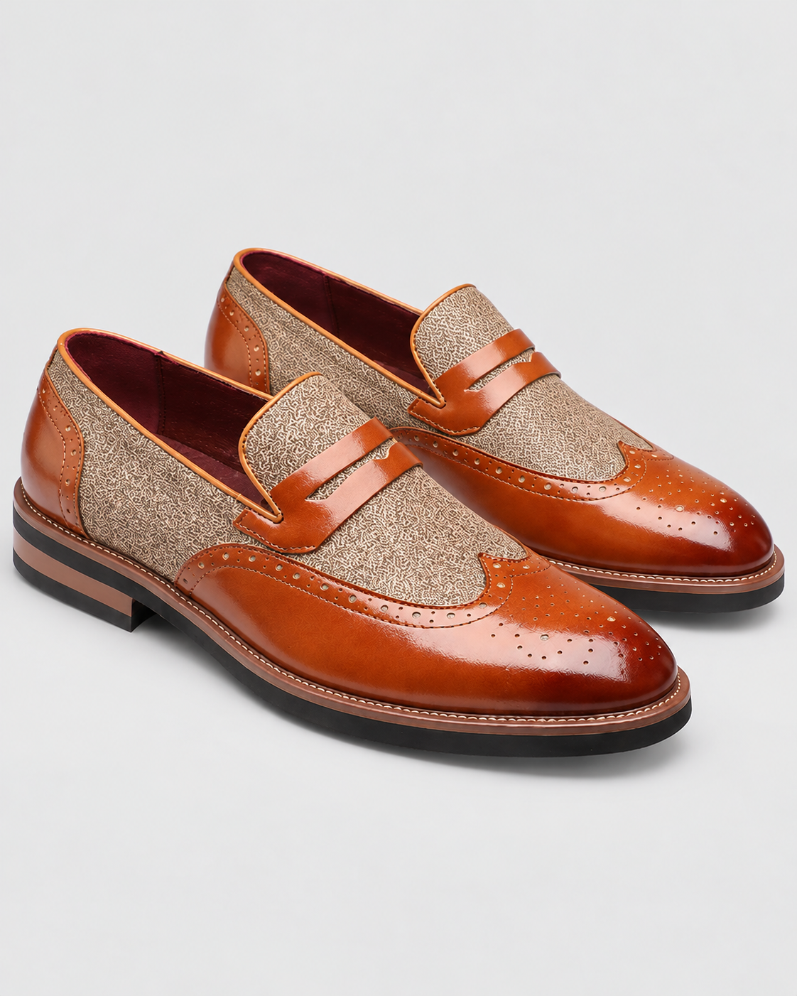 Penny Loafers til Herrer - Wingtip Brogue, Herringbone Panel, Kunstlæder