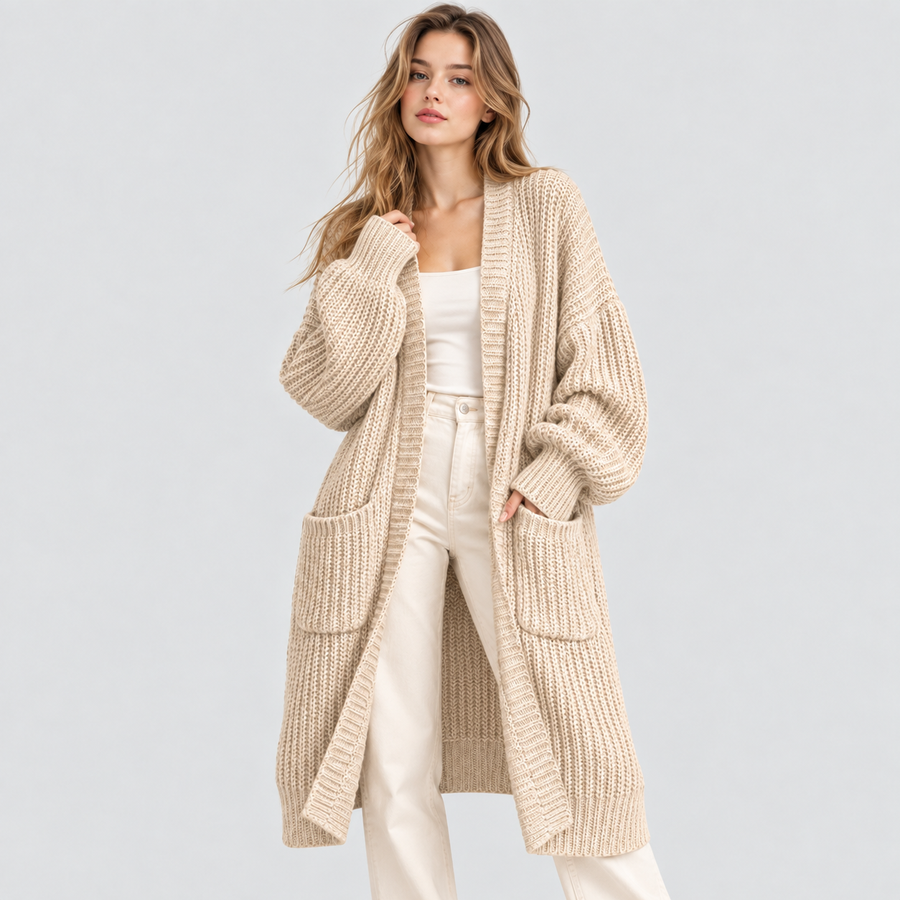 Lang Strikcardigan til Damer - Åben Front med Sidelommer