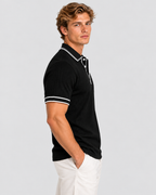 Strikket Poloshirt til Herrer - Kontrastkant, Kort Knaplukning