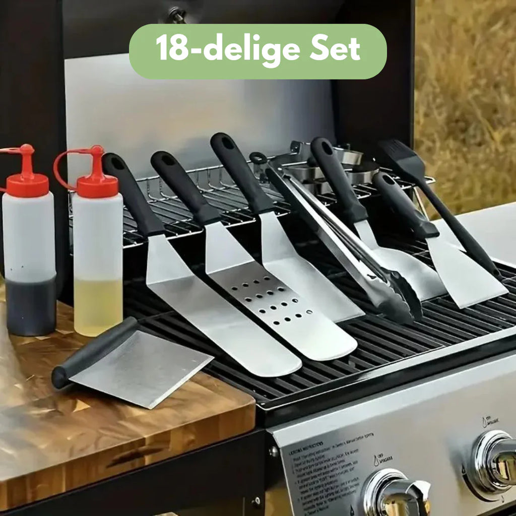 18-delt BBQ-sæt med rustfrit stål og opbevaringstaske
