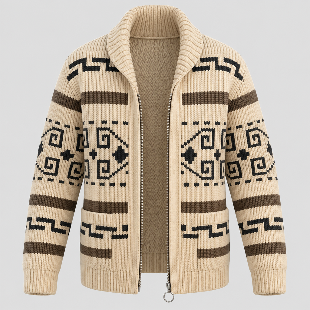 Aztec-mønstret Cardigan - Åben Front Strikket Sweater