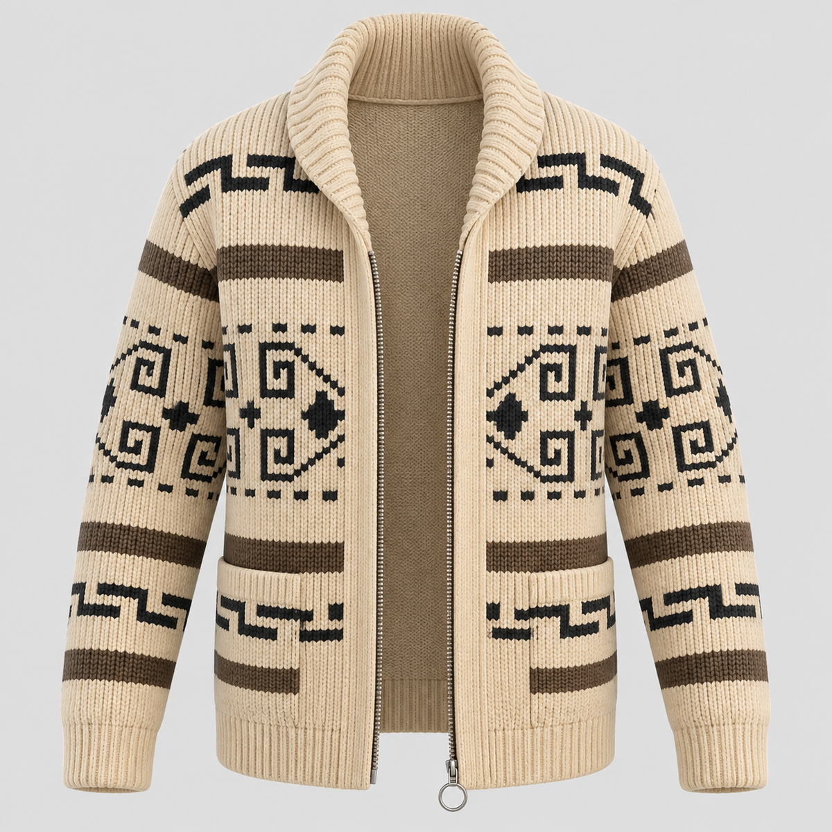 Aztec-mønstret Cardigan - Åben Front Strikket Sweater