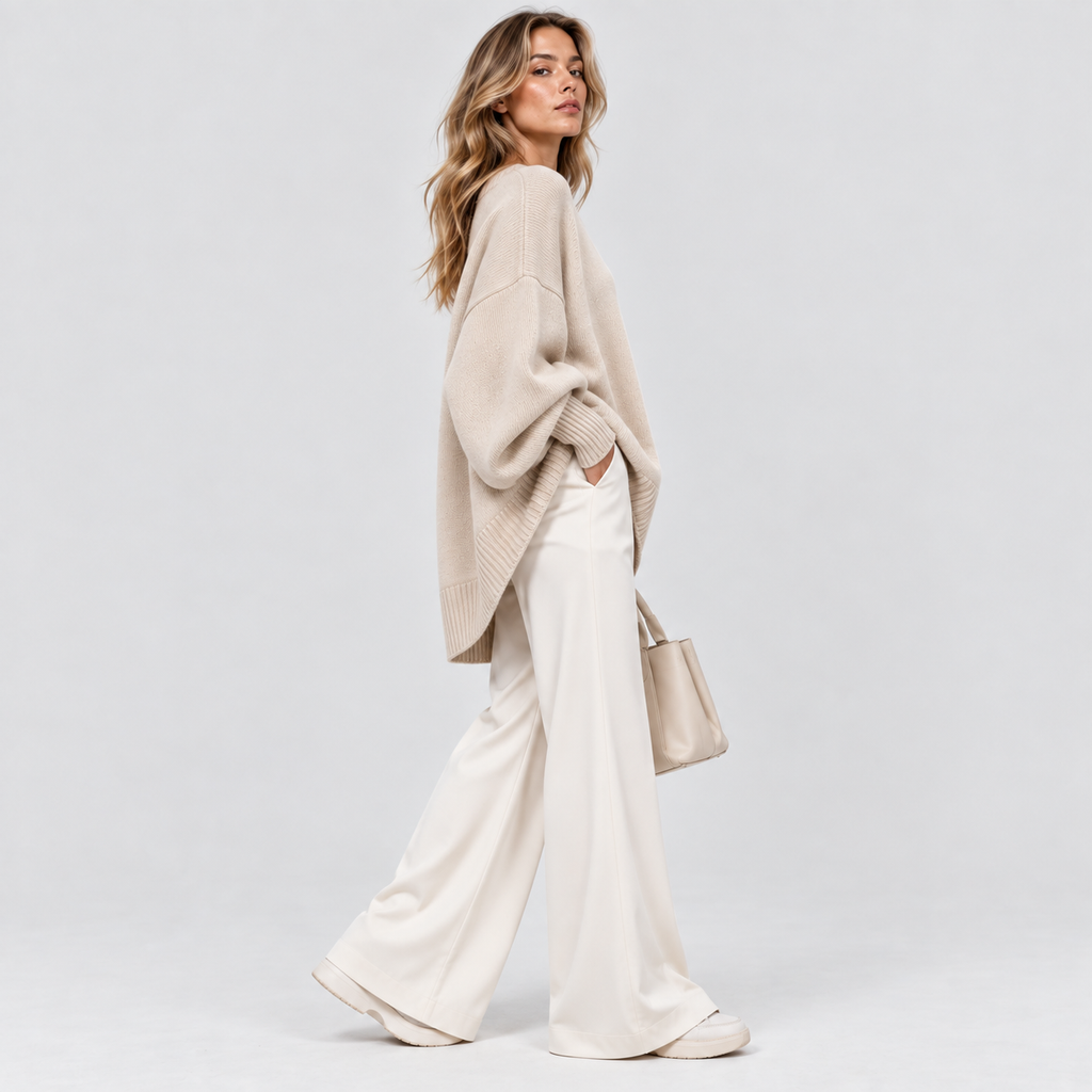 Oversized Poncho Sweater – Asymmetrisk Kant Ribbet Hals