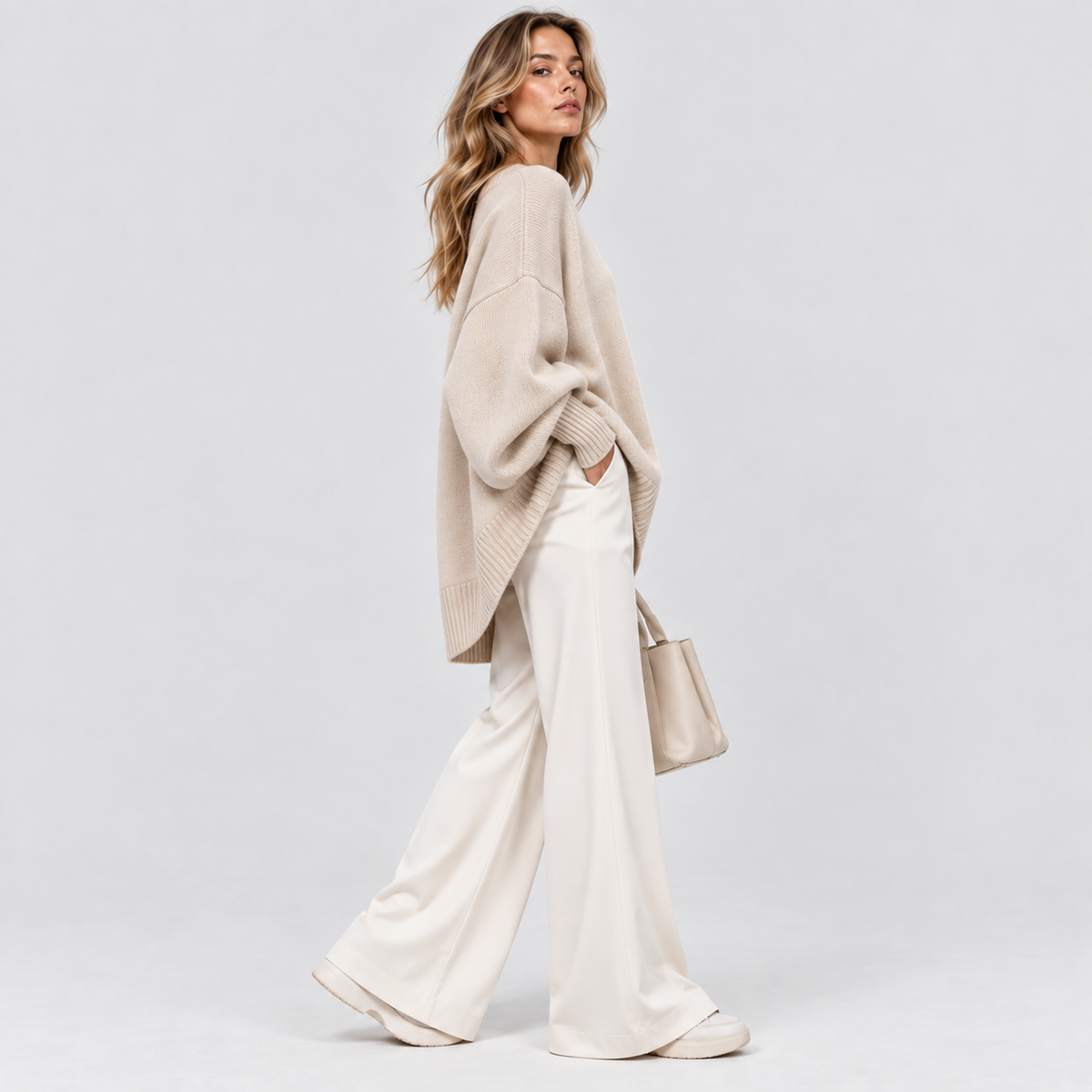 Oversized Poncho Sweater – Asymmetrisk Kant Ribbet Hals