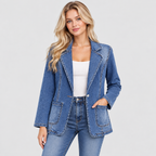 Denimjakke-Blazer til Damer - Reverskrave, Hoftelommer