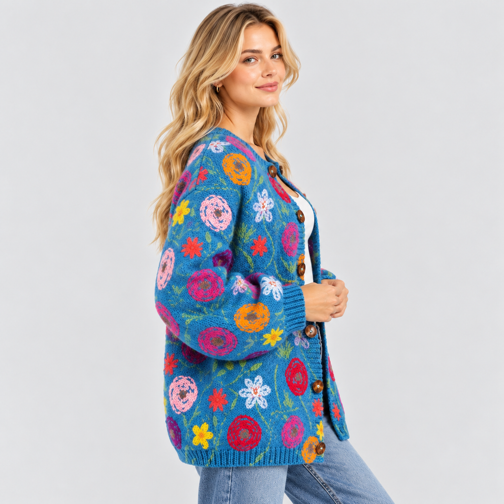 Blomsterprintet Cardigan til Damer - Åben Front, Rund Hals