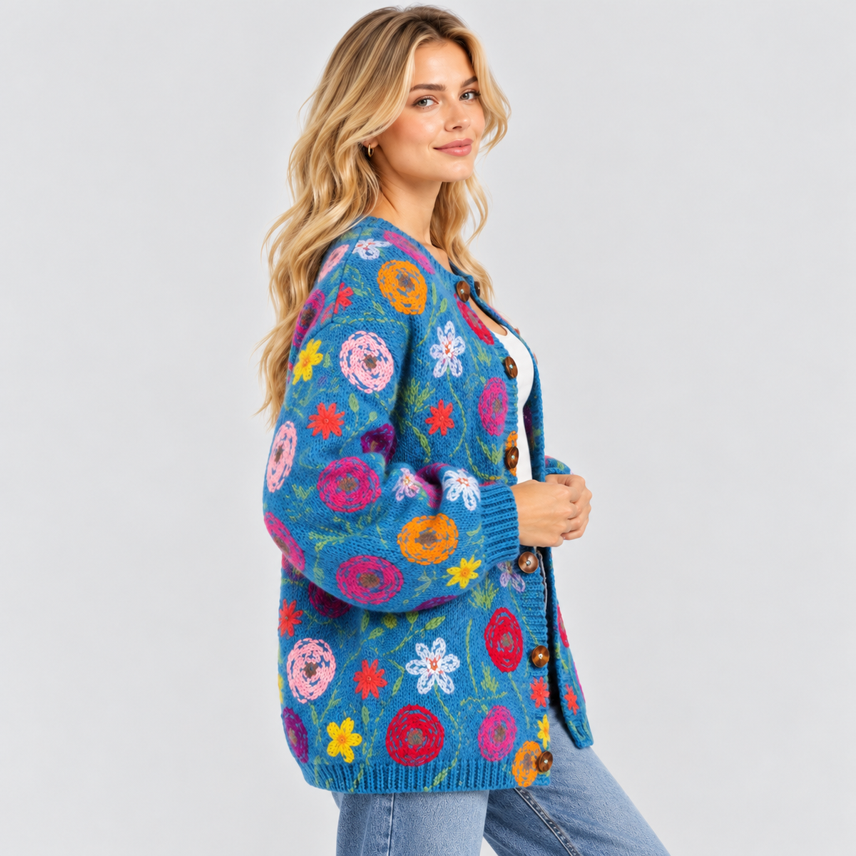 Blomsterprintet Cardigan til Damer - Åben Front, Rund Hals