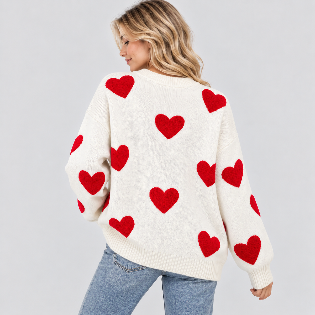 Hjertemønstret Sweater til Damer - Oversized V-Hals Strik