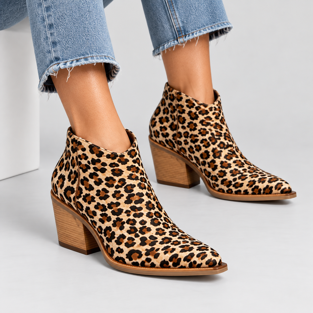 Ankelstøvler med Leopardprint til Damer - Spids Tå, Blokhæl
