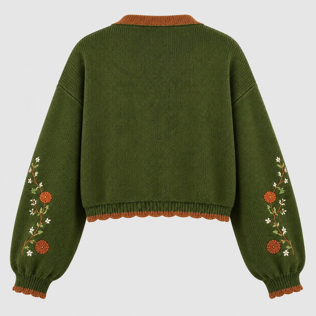 Broderet Cardigan til Damer - Kontrastkant, Blomster- og Hjortemotiv
