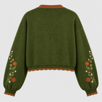 Broderet Cardigan til Damer - Kontrastkant, Blomster- og Hjortemotiv