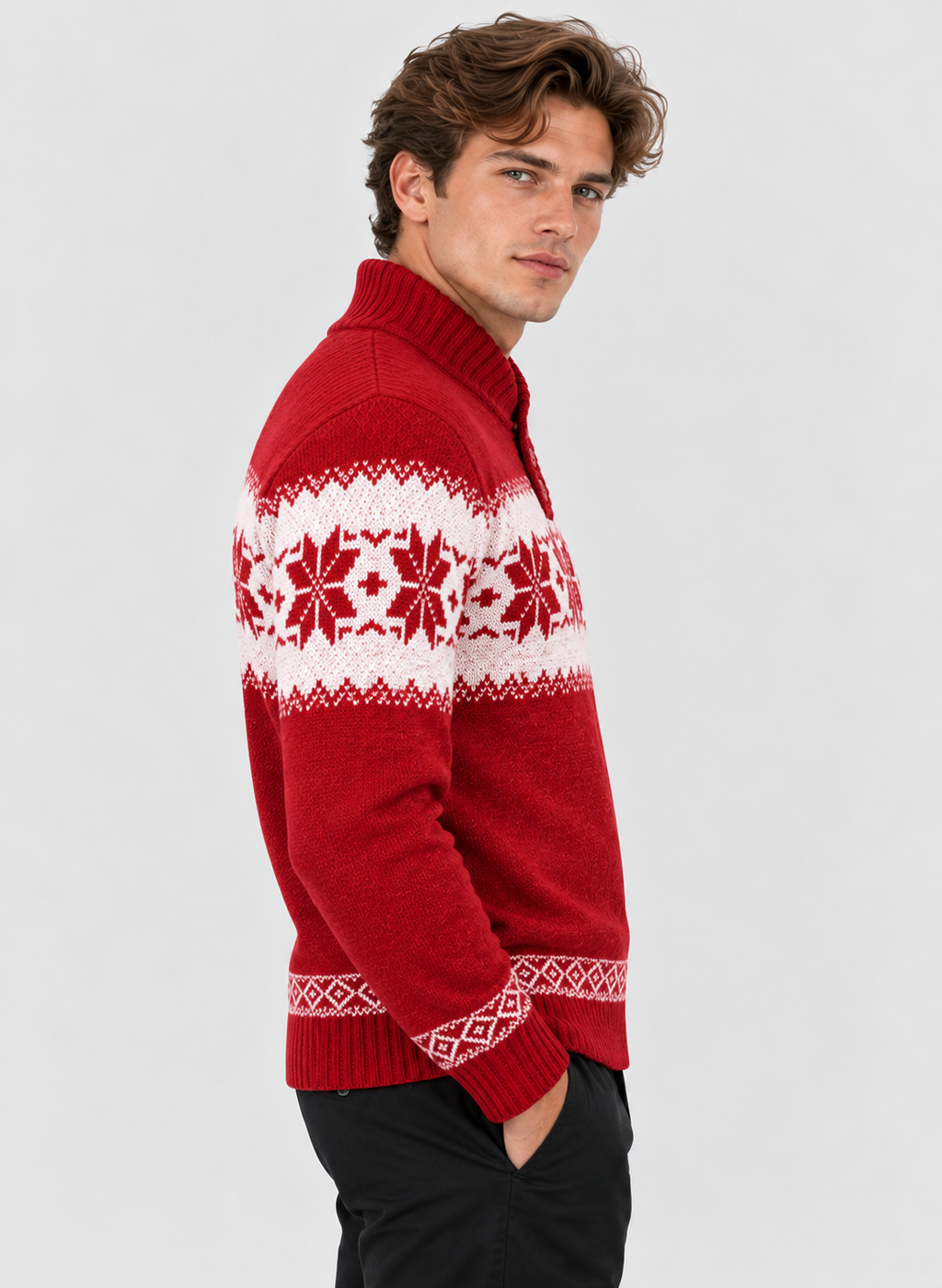 Rød Jacquardstrik Sweater til Herrer - Nordisk Snefnugsbånd, Sjalskrave