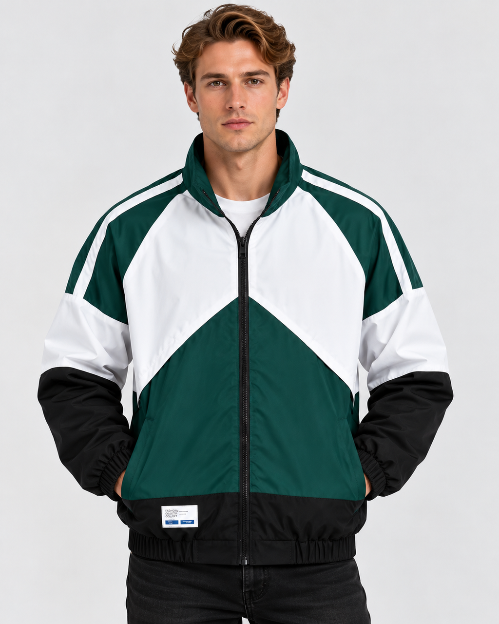 Colorblock Træningsjakke til Herrer - Ståkrave, Lynlås, Polyester