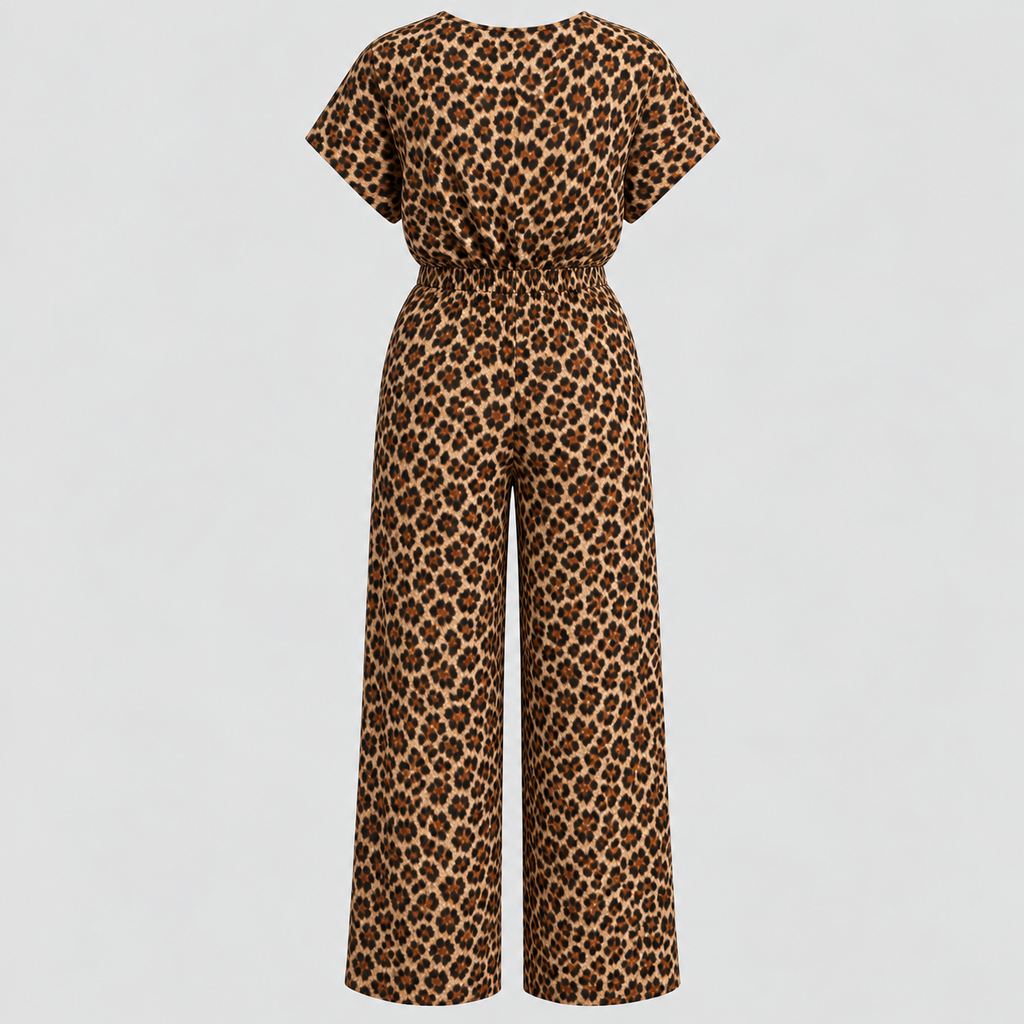 Panterprint Jumpsuit til Damer - Wrap V-Hals med Brede Ben
