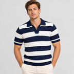 Jacquard Stribet Polo til Herrer - Åben Krave med Ribbede Manchetter