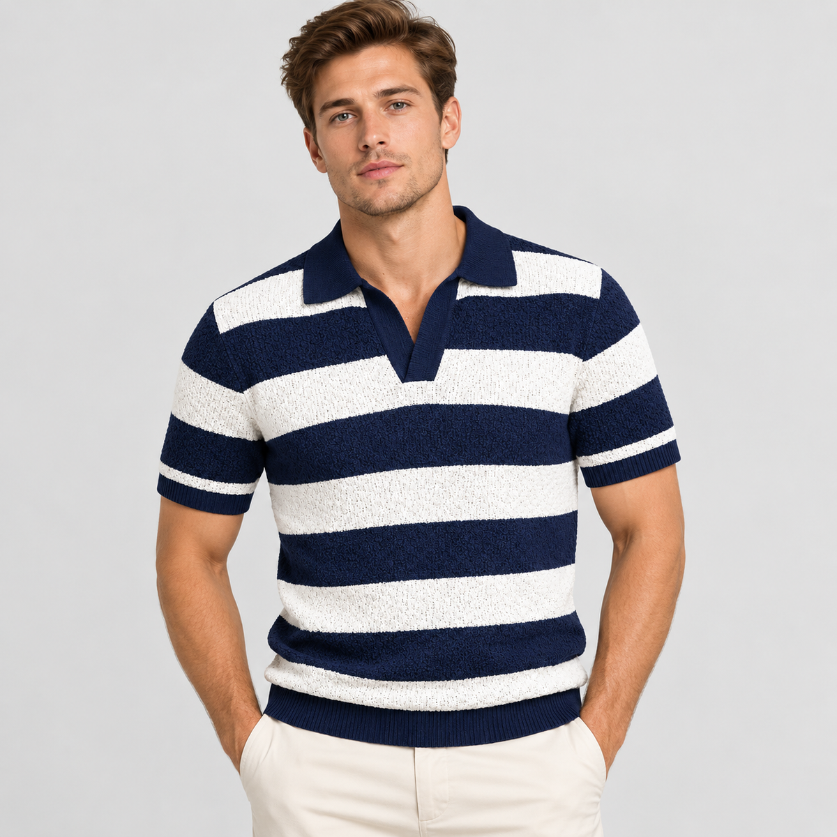 Jacquard Stribet Polo til Herrer - Åben Krave med Ribbede Manchetter