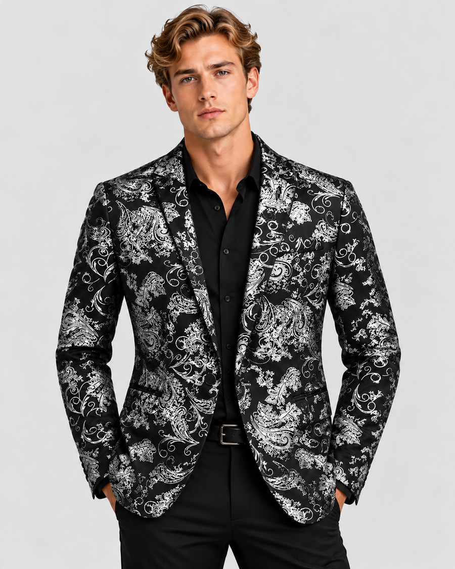 Slim Fit Blazer til Herrer - Metallisk Blomsterjacquard, Enkelt Knap
