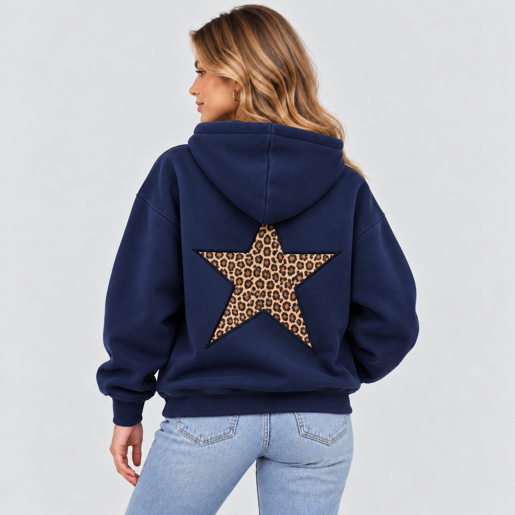 Oversized Hoodie - Leopardstjerne på Ryggen, Faldende Skuldre