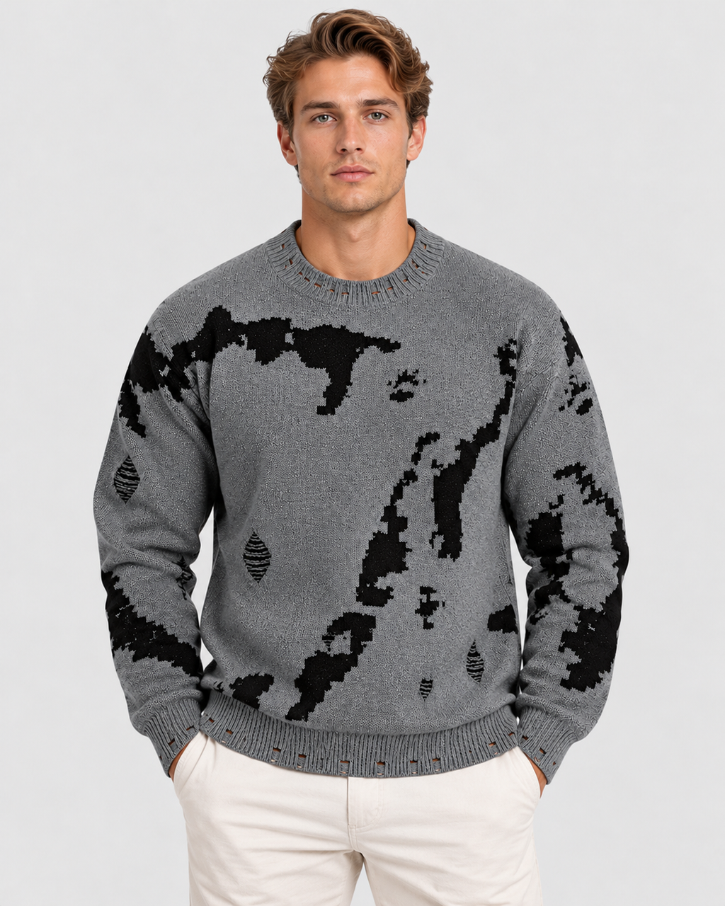 Strikket Sweater til Herrer - Abstrakt Stribeprint, Rund Hals