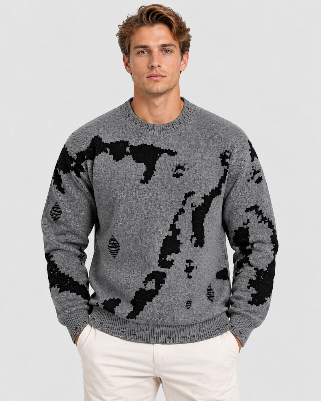 Strikket Sweater til Herrer - Abstrakt Stribeprint, Rund Hals