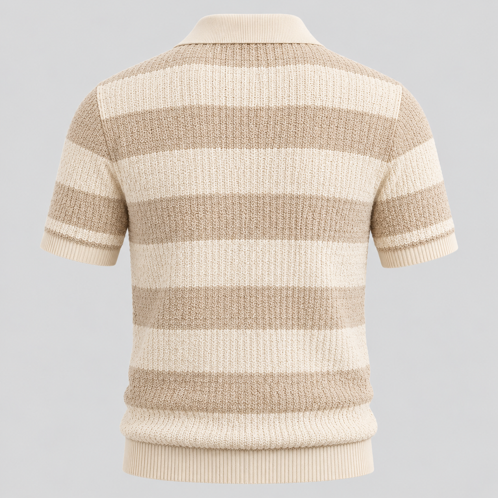 Jacquard Stribet Polo til Herrer - Åben Krave med Ribbede Manchetter