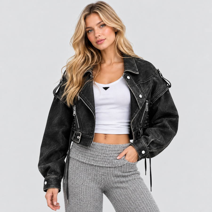 Cropped Biker-Jakke - Asymmetrisk Lynlås, Used-Look