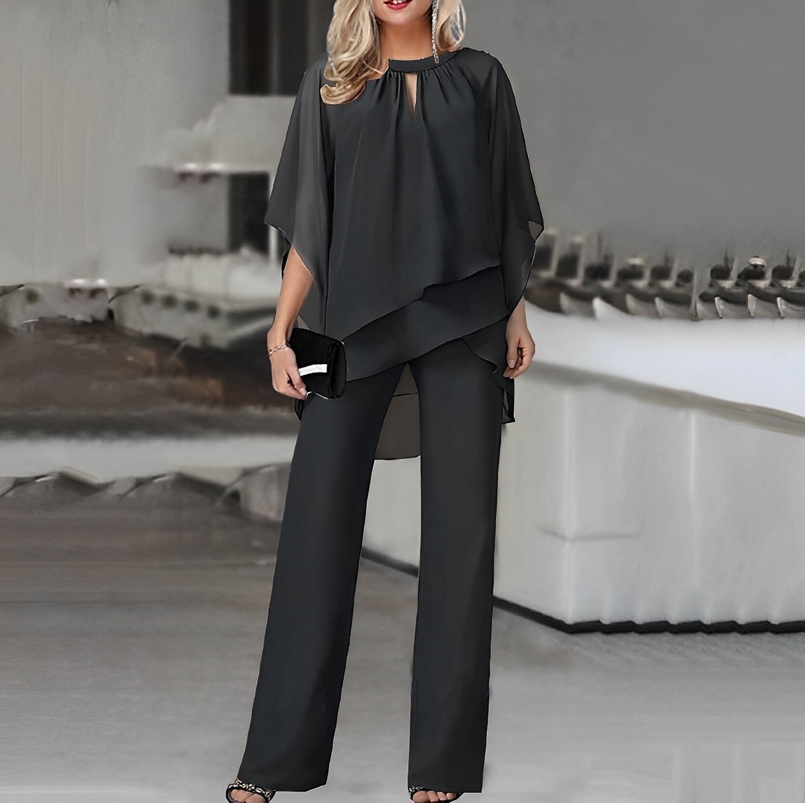 Elegant 2-delt Buksedragt med Asymmetrisk Top