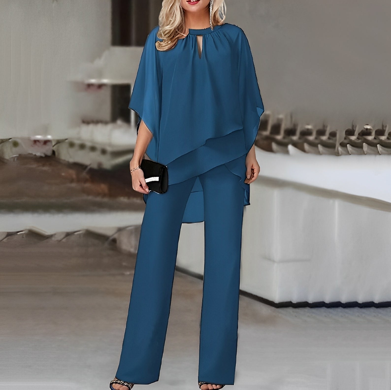 Elegant 2-delt Buksedragt med Asymmetrisk Top