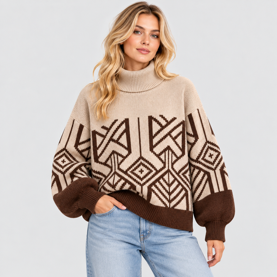 Geometrisk Mønstret Rullekravesweater til Damer - Tyk Strik