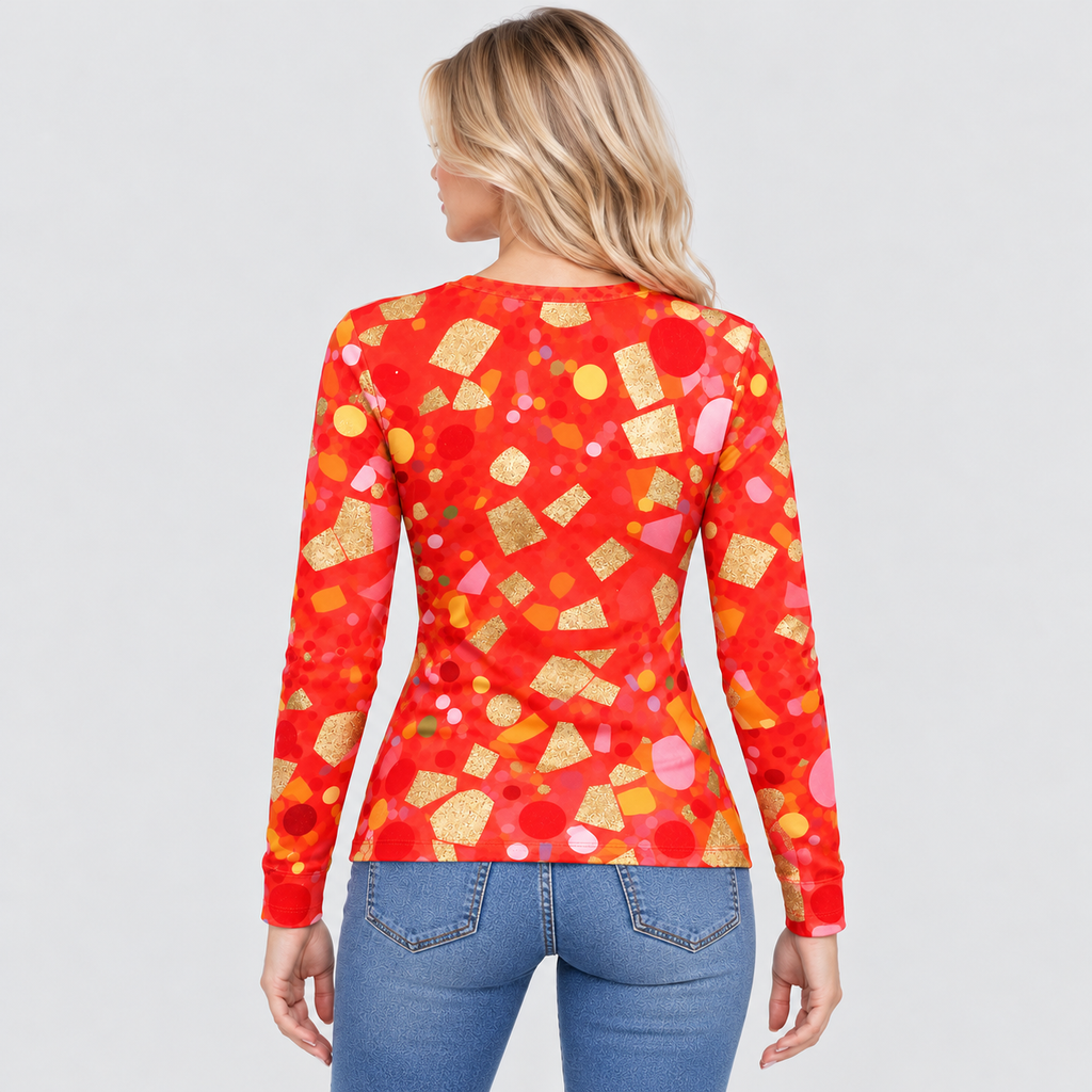 Langærmet Top til Damer - Abstrakt Geometrisk Print, Rund Hals