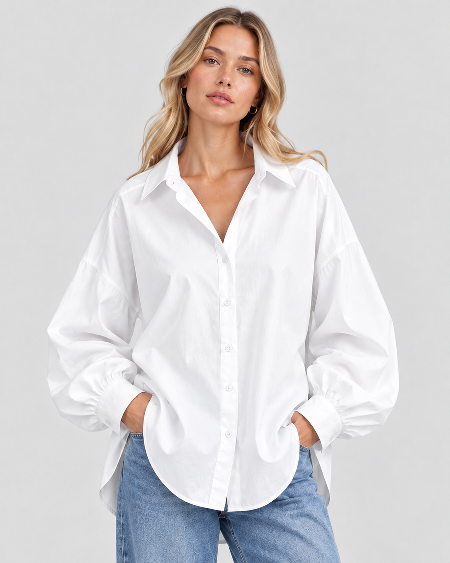 Oversized Skjortebluse til Damer - Ballonærmer, Asymmetrisk Kant, Spids Krave