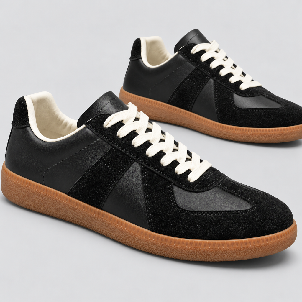 Low-Top Sneakers til Herrer - Sort Læderlook, Ruskindsdetaljer, Gummisål