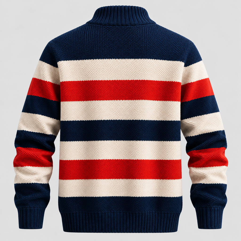 Stribet Sweater med Kort Lynlås til Herrer - Ribbede Manchetter og Kant