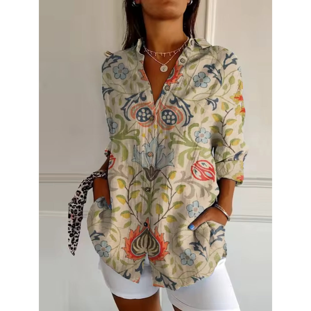 Boheme bluse med blomster mønster V hals