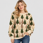 Fyrretræsprintet Sweater - Rund Hals, Oversized Strik