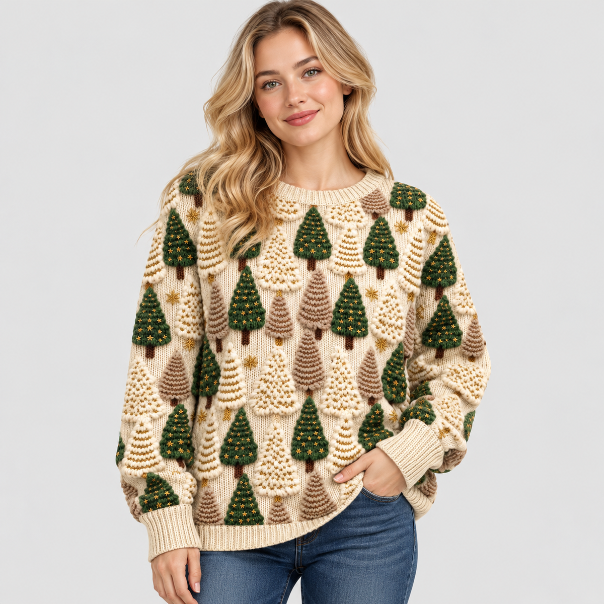 Fyrretræsprintet Sweater - Rund Hals, Oversized Strik
