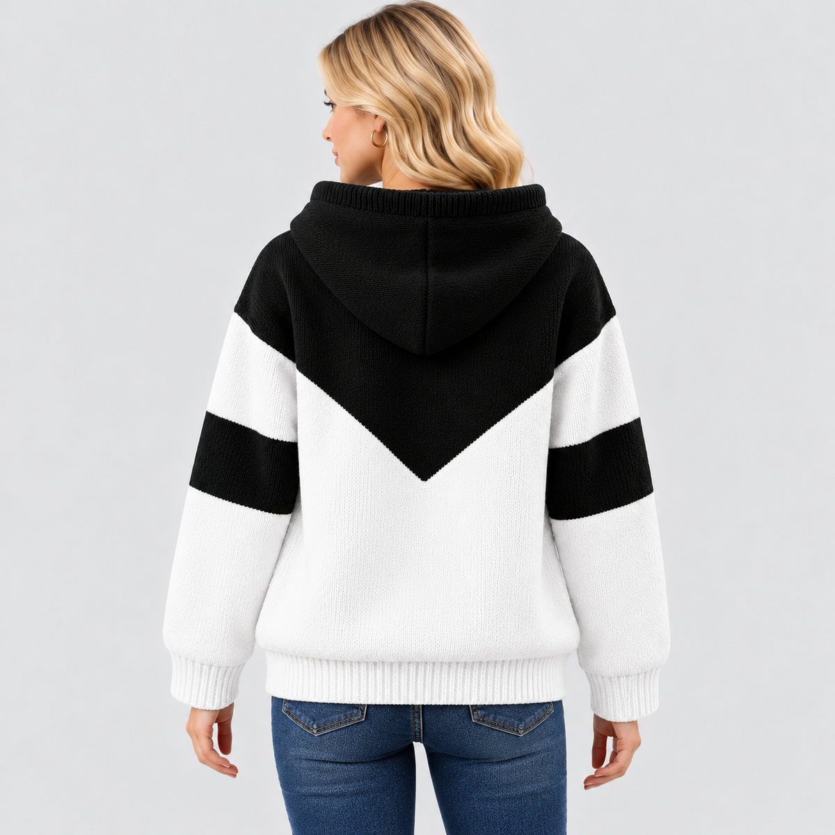 Strikket Hættetrøje til Damer - Colorblock Paneler, Snore Cowl-Hætte