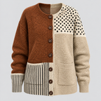 Cardigan med Blandede Paneler - Prikket og Stribet Patchwork-Strik