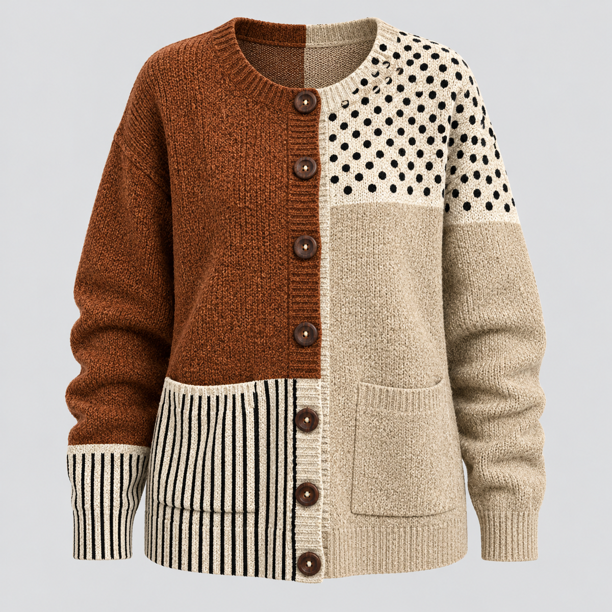 Cardigan med Blandede Paneler - Prikket og Stribet Patchwork-Strik