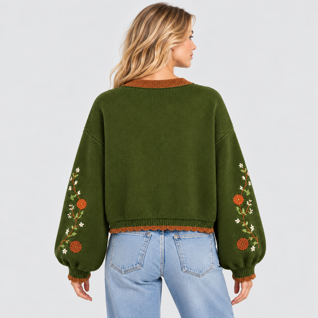Broderet Cardigan til Damer - Kontrastkant, Blomster- og Hjortemotiv