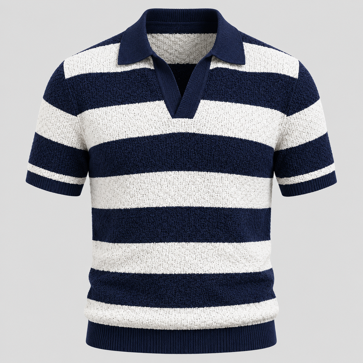 Jacquard Stribet Polo til Herrer - Åben Krave med Ribbede Manchetter