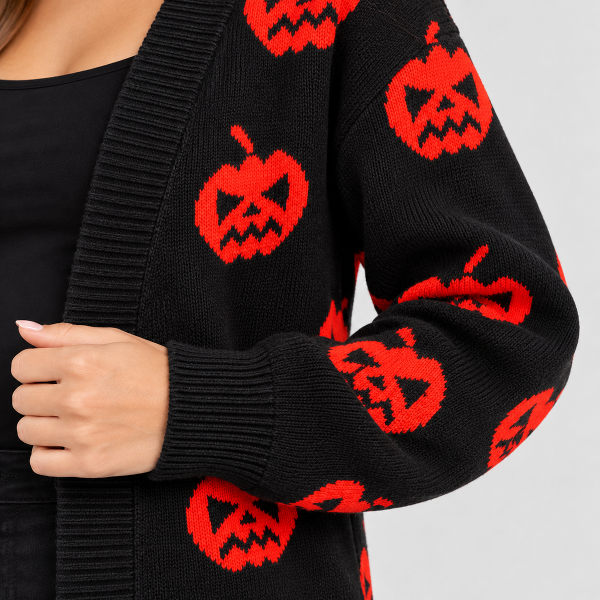 Cardigan med Græskarprint til Damer - Lang Åben Halloween-Strik
